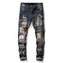 Men's Patch Ripped Jeans Mid Waist Elasticity Straight Pants